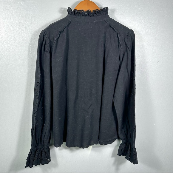 Ba&sh Black Cotton Ruffle Neckline Lady Shirt Size 6 Sophisticated Cottagecore - Picture 3 of 14